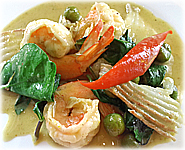 สูตรอาหารไทย : ผัดแกงเขียวหวานกุ้งมะพร้าวอ่อน