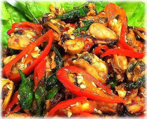  Thai Food Recipe |  Stir-Fried Green Mussels with Roasted Chili Paste